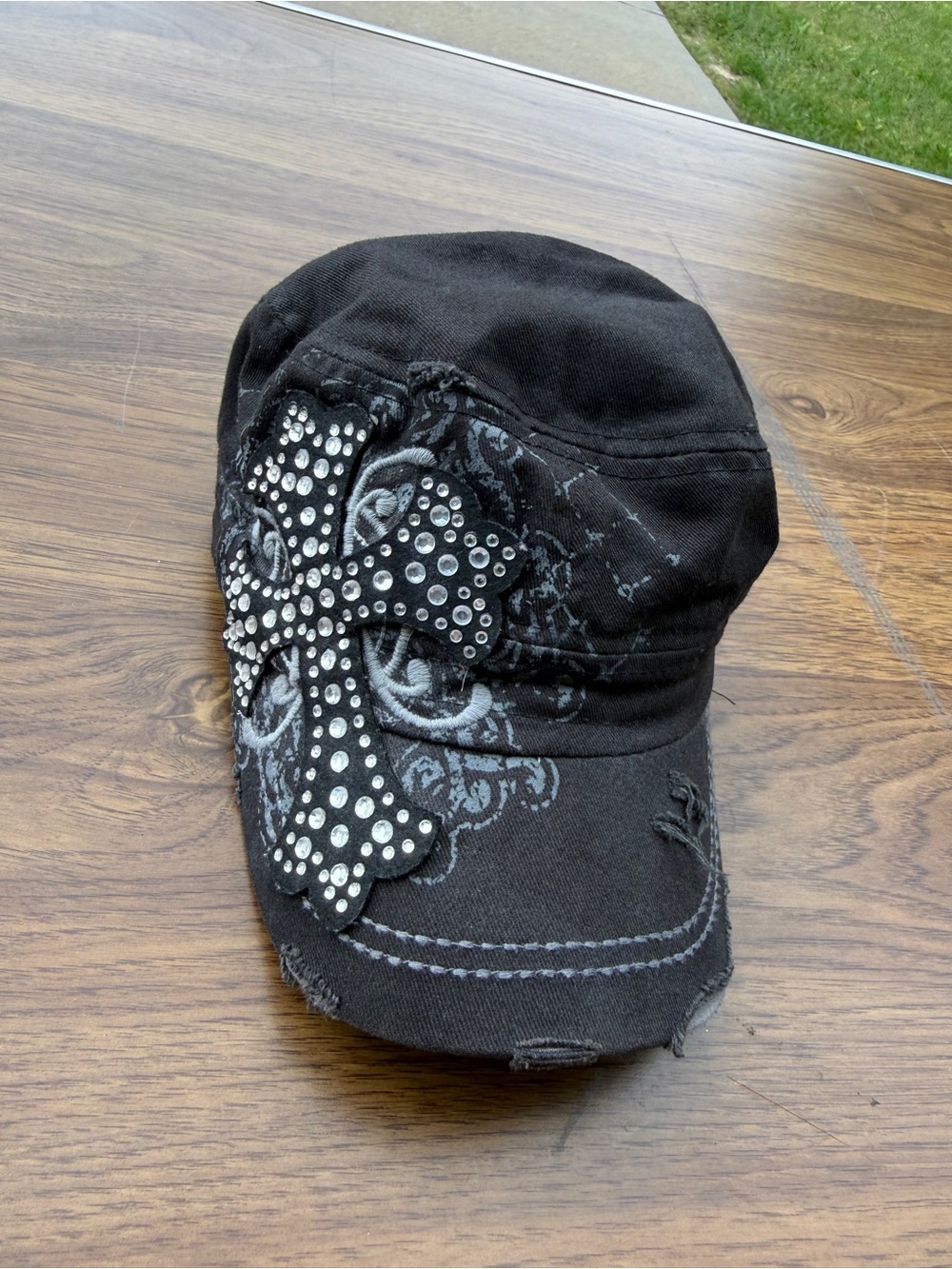 Leader Original Vintage Cadet Hat Black White Cross Y2K Distressed Rhinestones